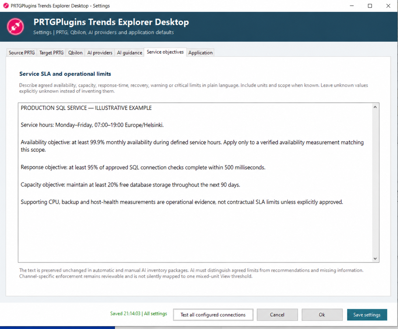 Trends Explorer Settings view containing anonymized Production SQL Service objectives