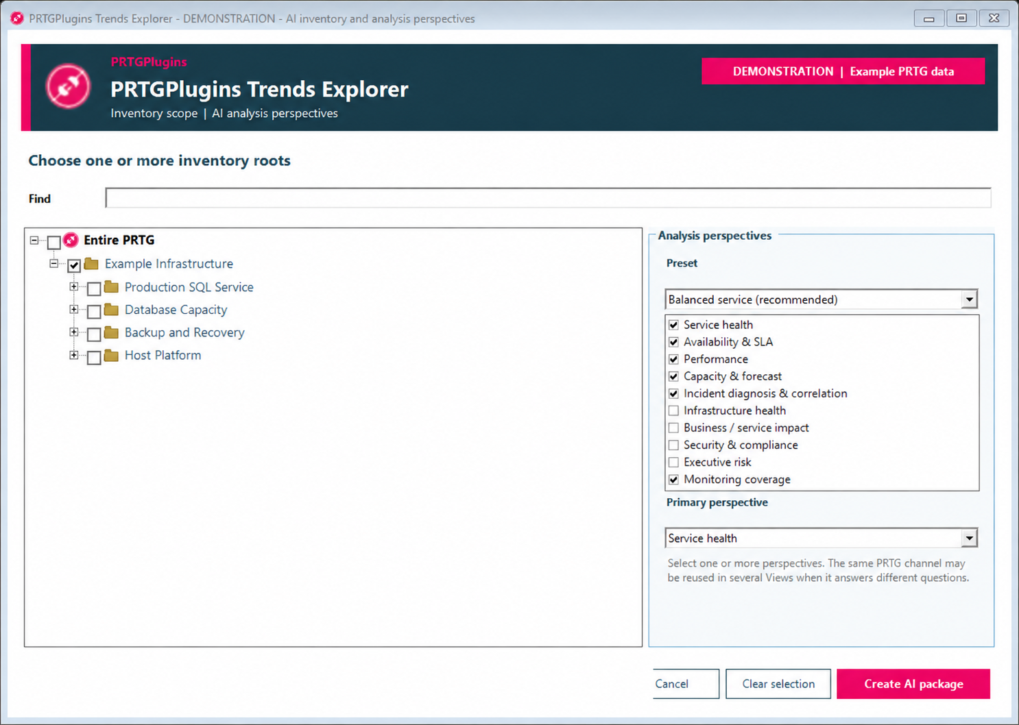 Trends Explorer AI inventory scope showing a synthetic SQL monitoring environment