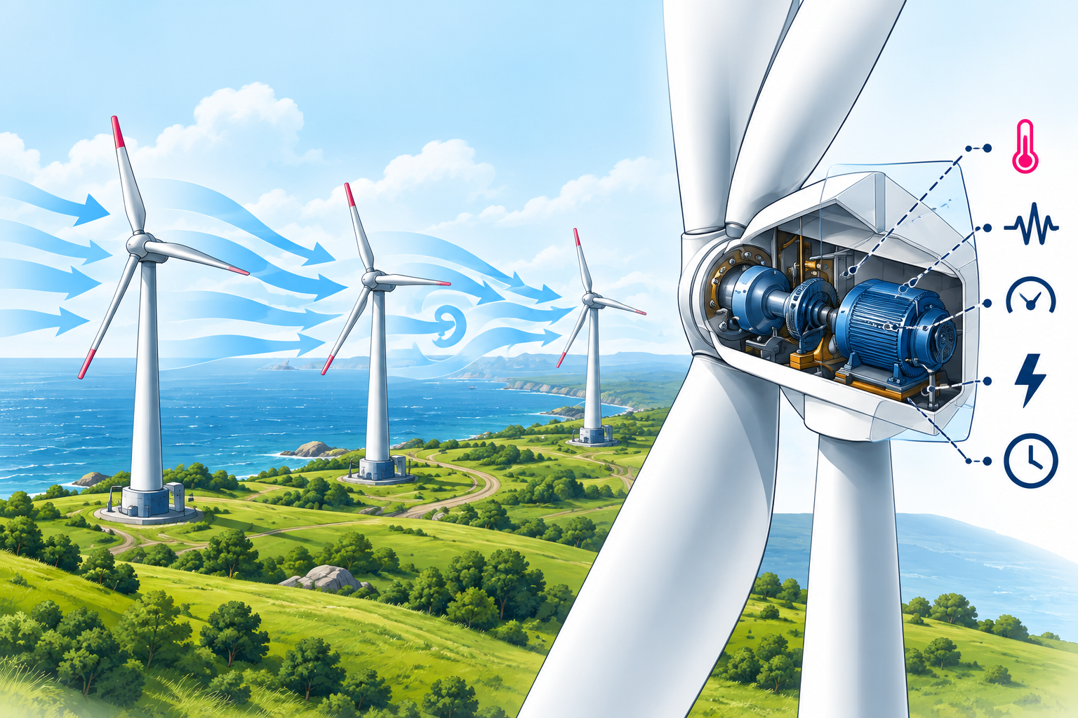 Three wind turbines with wake effects and a gearbox cutaway.