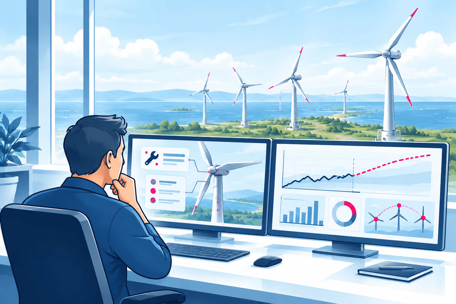 Operator reviewing forecasting and relationship screens overlooking a wind farm.